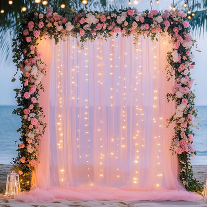 Fomcet Tulle Backdrop Curtains with Lights String White 10FT X 8FT Sheer Curtain with Lights Tulle Curtains Backdrop for Wedding Birthday Party Baby Shower Photo Shoot (2 Panels 5x8FT)