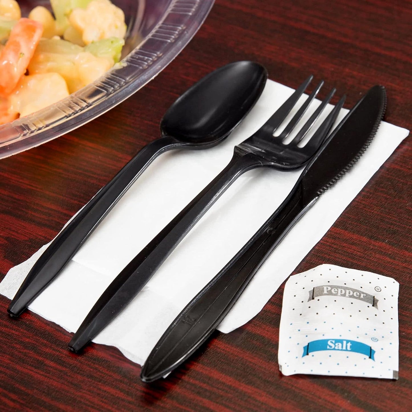 KitchenDine 100 Pack Medium Weight Wrapped white Plastic Cutlery Pack with Napkin and Salt/Pepper Packets (White)