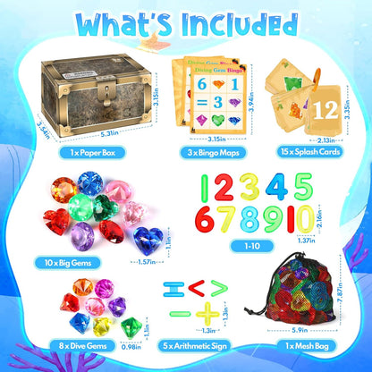 Meaicezli Pool Toys Diving Gems, 54 Pcs Search and Find Pool Games, Diving Toys with Dive Gems, Acrylic Numbers, Scavenger Hunt Game Cards & Mesh Bag, Fun Summer Water Party Favors for Kids 4-12