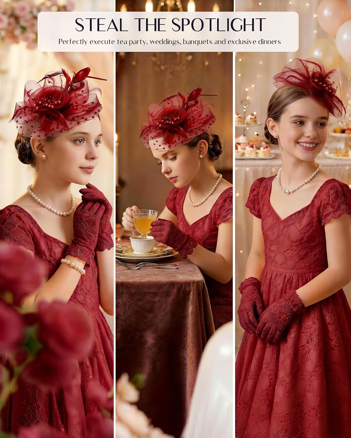 Girls Tea Party Fascinators Hats for Kids Fascinator Tea Party Hat Headband with Gloves Accessories for Girls
