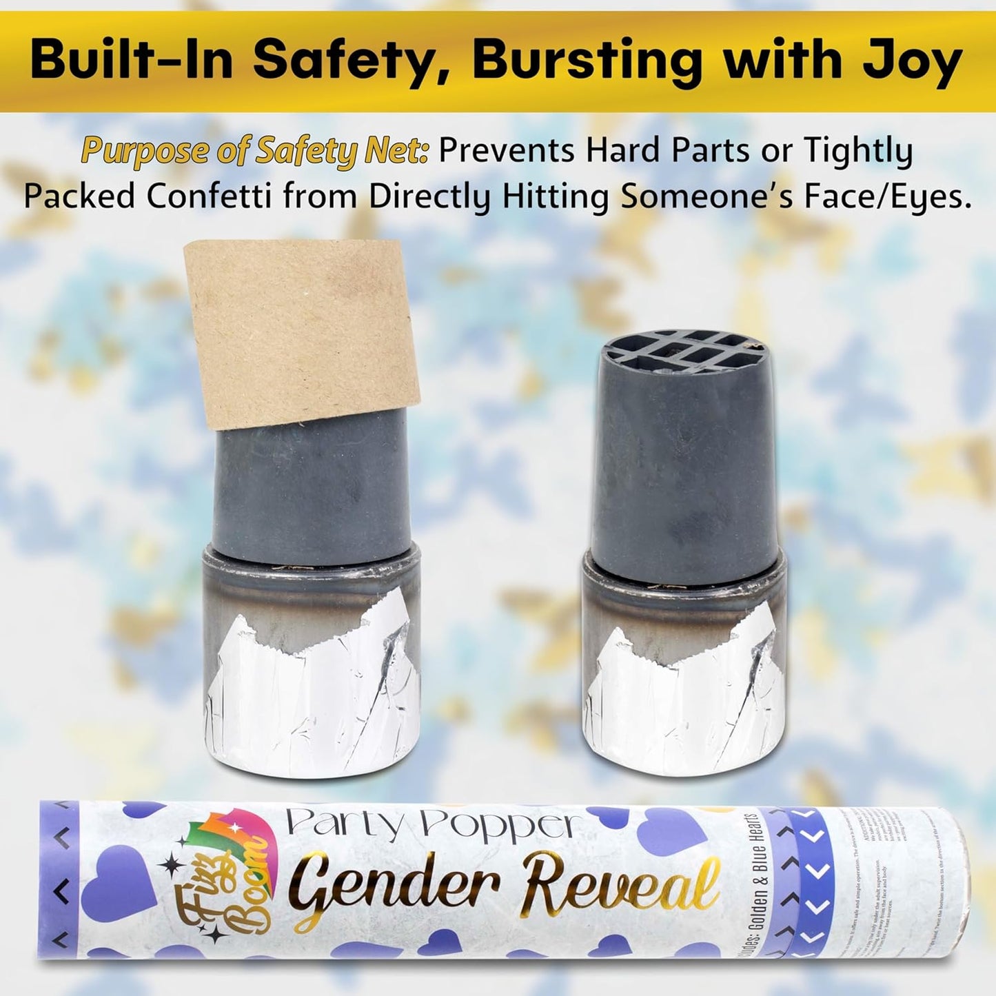 2 Pack Blue Heart-Shaped Confetti Poppers for Baby Gender Reveal | Blue Paper and gold mylar Baby Boy Party Supplies