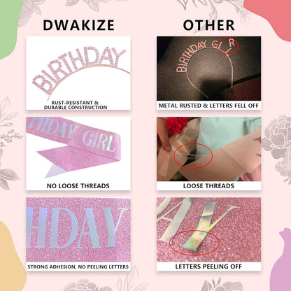 Birthday Sash and Crown Set for Women – Pink Glitter Birthday Girl Sash with Rhinestone Tiara Headband for Party Celebration Gift