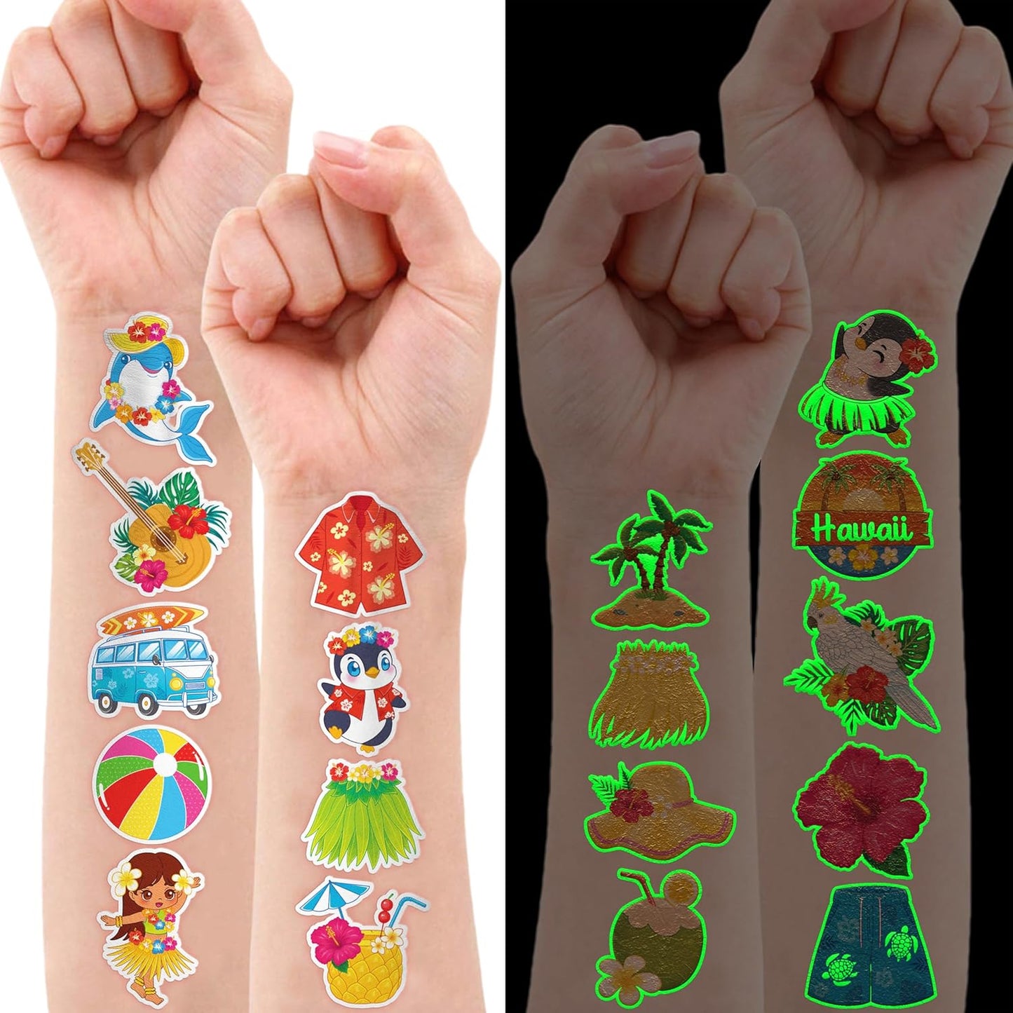 96 PCS Hawaiian Luau Pre-Cut Temporary Tattoos for Kids | Super Cute Themed Birthday Party Favors, Supplies, Decorations, Summer Fake Tattoo Stickers (Multiple)