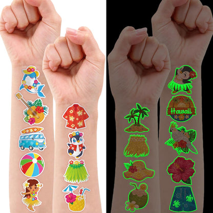 96 PCS Hawaiian Luau Pre-Cut Temporary Tattoos for Kids | Super Cute Themed Birthday Party Favors, Supplies, Decorations, Summer Fake Tattoo Stickers (Multiple)