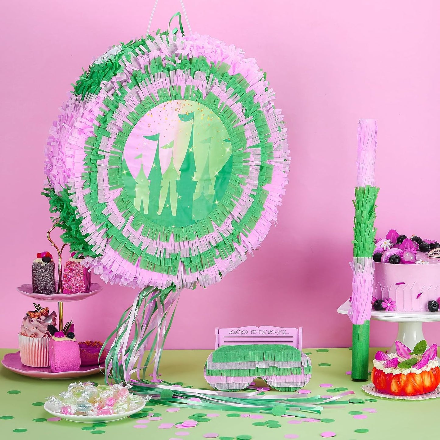 Soulchen Witch Piñata 14.2'' Pink and Green Piñata Game Set with Stick and Blindfold Princess and Witch Party Favor Pink and Green Party Decor for Birthday Quinceañera Baby Shower Movie Supplies