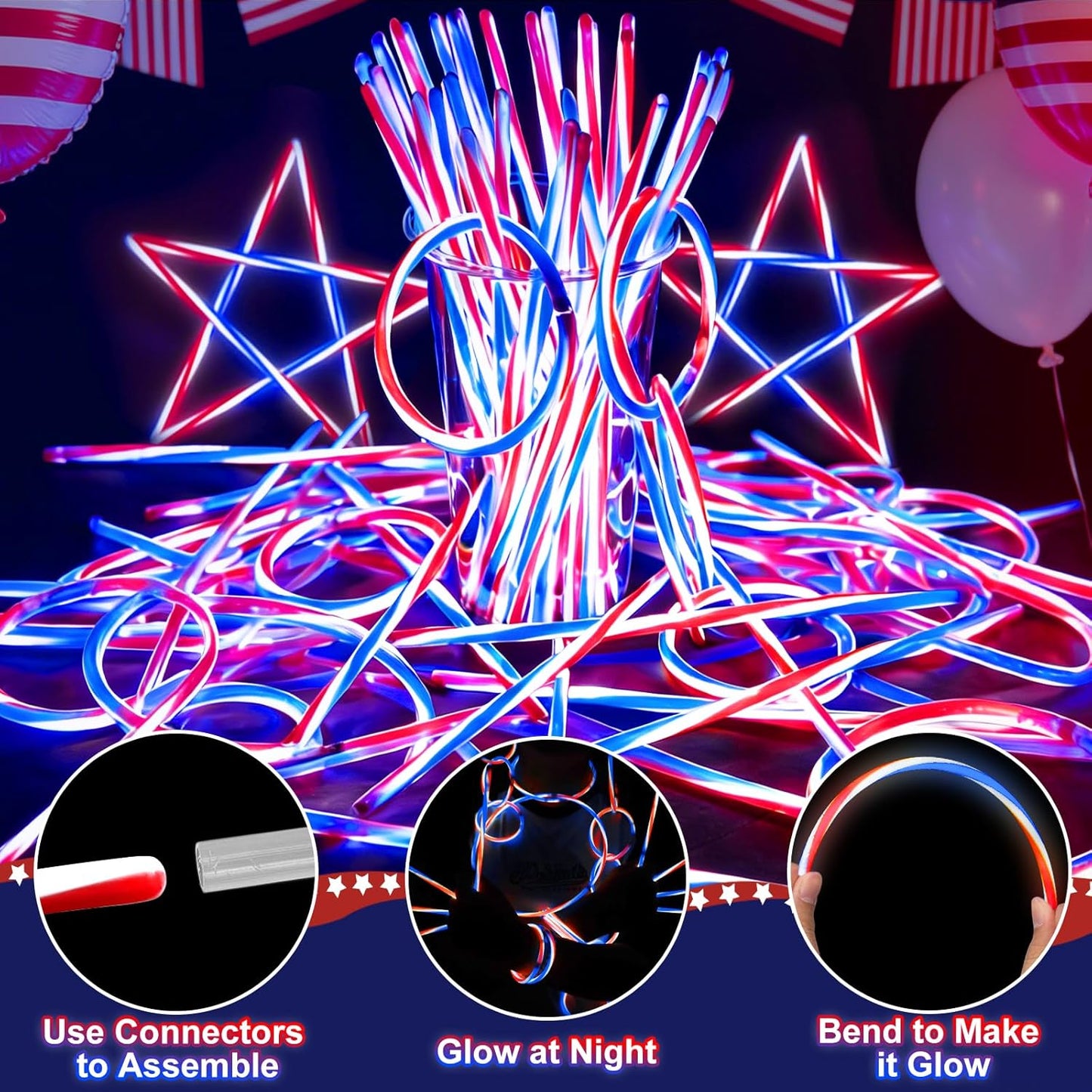200 PCS 4th of July Glow Sticks Bulk with Connectors,Red White Blue 3 Colors In 1 Glow in The Dark Stick, Light Up Bracelets & Necklaces for Kids & Adults, 250th Anniversary USA Party Favor Supplies