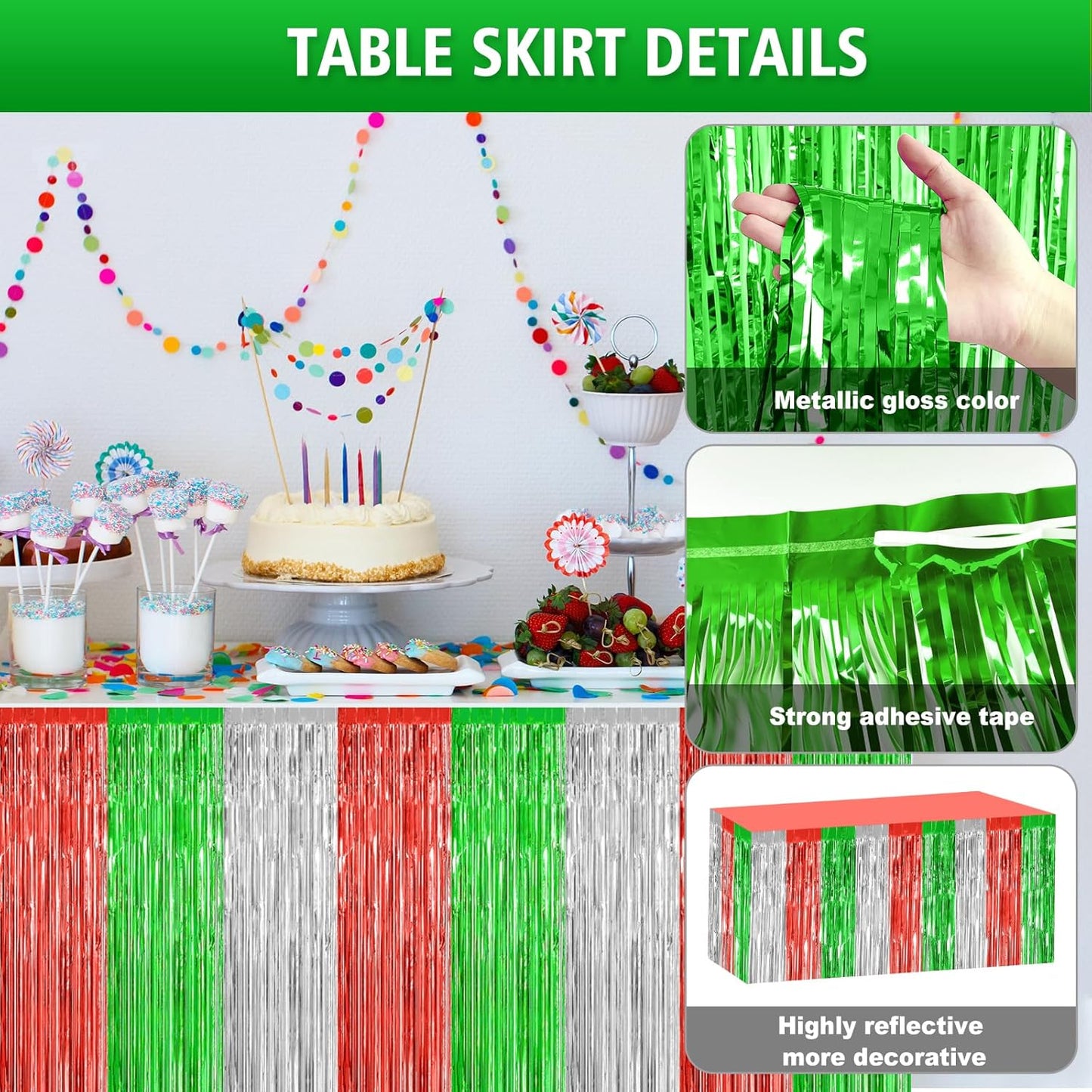 2 Pack 29.5x108 Inch Silver Foil Tinsel Fringe Table Skirts, Disposable Table Skirts for Rectangle Tables Curtains Backdrop Parade Wedding Floats Baby Shower Birthday Mardi Gras Party