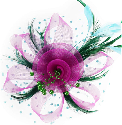 DRESHOW Fascinators Hat Flower Mesh Ribbons Feathers on a Headband and a Clip Tea Party Headwear for Girls and Women - Colors B