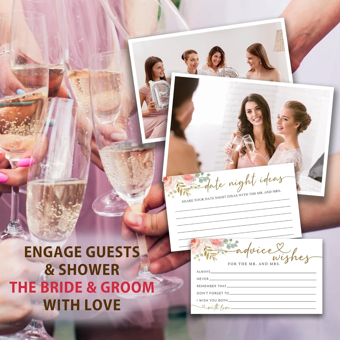 Boho Advice and Wishes for the Mr and Mrs - 50 Packs Wedding Advice Cards Bridal Shower Game Cards with Box Reception Guest Book for Bride Groom Newlywed Engagement Party Decoration -A08