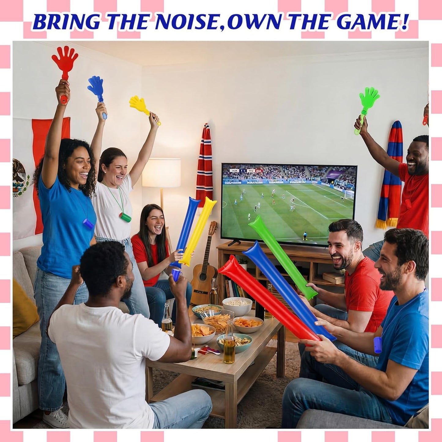 48 Pcs Cheering Noisemakers Set Included 12 Pcs Mini Air Horns Noisemakers 12 Hand Clappers 24 Thunder Sticks for Birthdays Sporting Events (Horn,Blue)