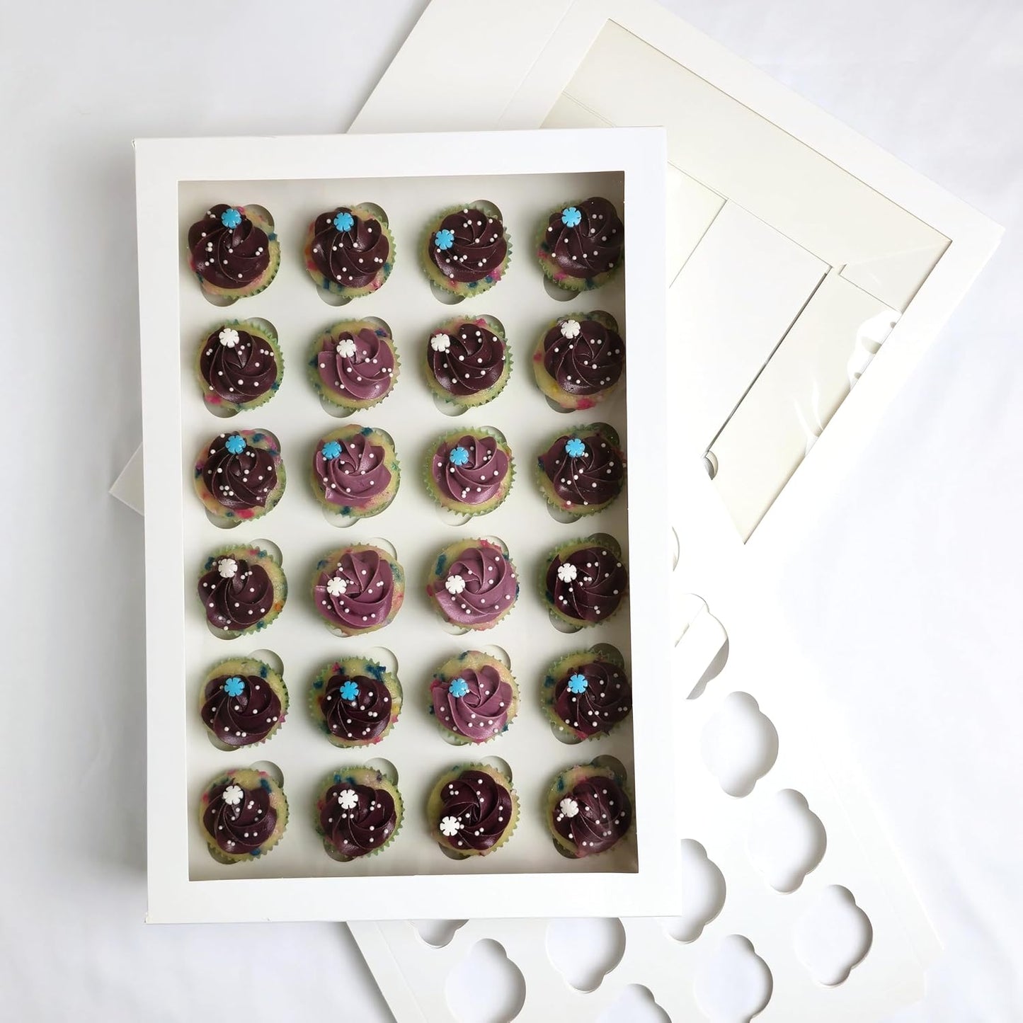 Ala Merchandise – White Mini Cupcake Boxes with Windows and Inserts, Designed to Hold 24 Mini Cupcakes, Muffins, or Pastries – Bulk Pack of 6 Boxes.