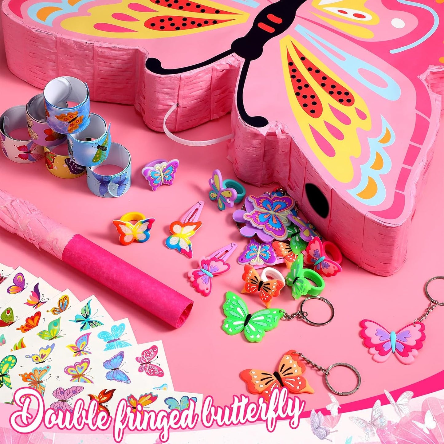 Pasimy 51 Pcs Butterfly Piñata Set Butterfly Birthday Party Supplies Piñata with Stick Blindfold Sticker Hairpin Ring Slap Bracelet Keychain Party Favors for Family Game Decoration(Pink)