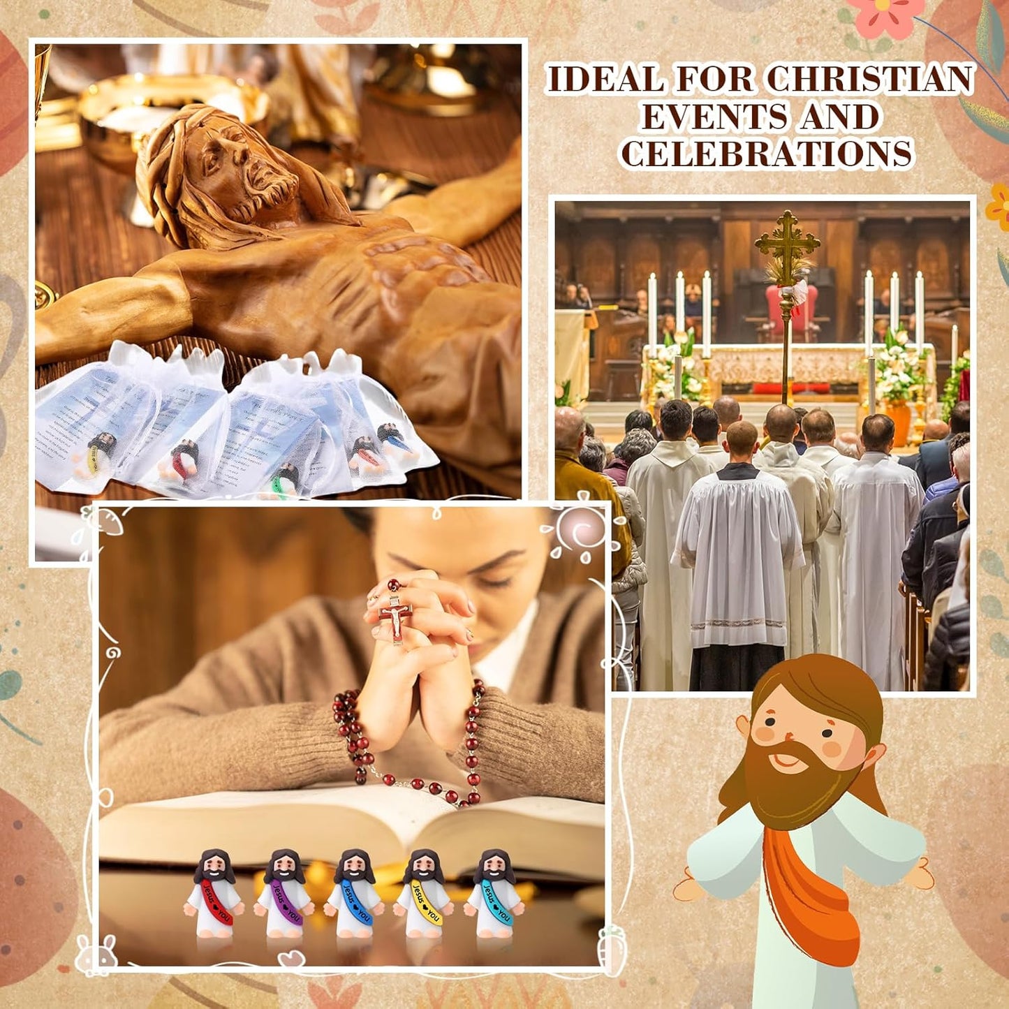 Bememo 150 Pcs Christian Gifts Bulk Bible Verse Cards Little Jesus Figures Prayer Cards Organza Bags for Easter Hunt Religious Party Favors Sunday Baptism, 50 Set(Classic Color,Open Hands)