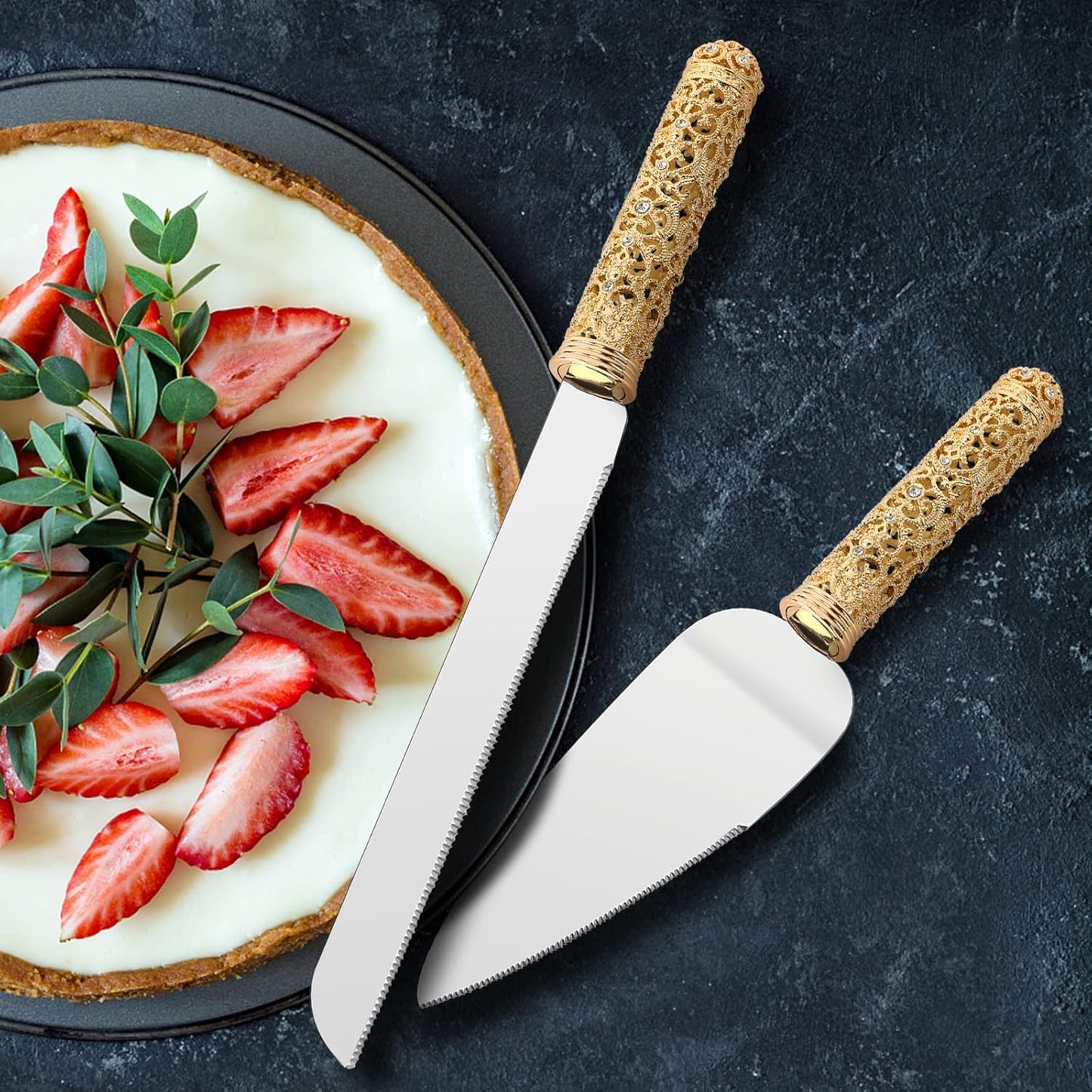 Gold Cake Knife and Server Set - 2 Piece Dessert Set Metal Handle with Crystal Stones Decoration for Wedding, Anniversary Party Birthday Banquets and Gifts for Bride and Groom