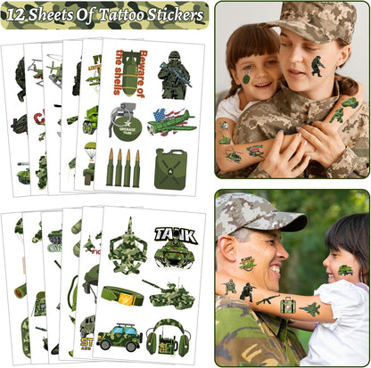 122 PCS Army Party Favors, Military Camo Temporary Tattoos Slap Bracelets Keychains Stickers Badges Goodie Bags Soldiers Figures for Army Birthday Party Decorations Gifts for Kids Classroom Rewards