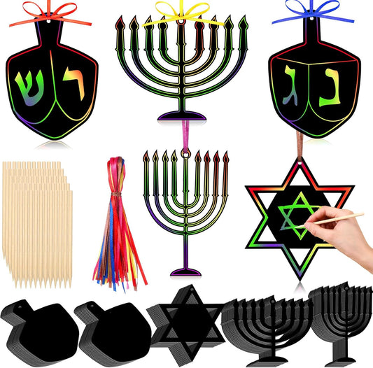Fullhawl 100 Pcs Purim Scratch Paper Craft Set Dreidel Scratch Cards DIY Dreidel Hanging Art Kit Drawing Rainbow Color Sheet for Men Women Purim Passover Gifts Activity Hanukkah Chanukah Party Favors