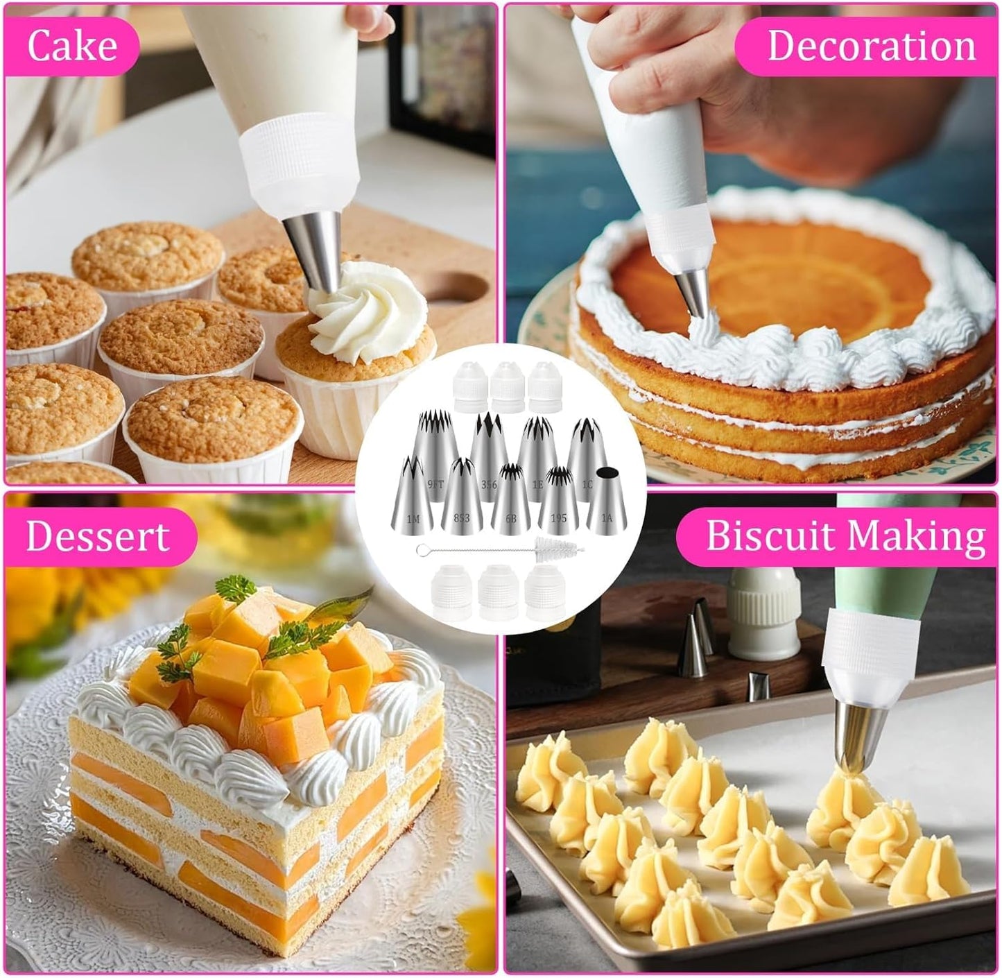 16pcs Large Piping Tips and Piping Couplers Set, Stainless Steel Cake Decorating Tips, Frosting Tips for Cupcakes Star Flower Shell Edge Rose Spiral Flower Decoration DIY Baking Supplies Tool