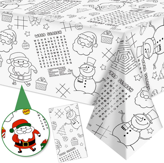 Labeol 1 Pack Christmas Tablecloth, Christmas Coloring Tablecloth for Kids, 54"x108" Giant Santa Claus Snowman Maze Color-in Paper Poster Table Cover for Winter Party Arts and Crafts