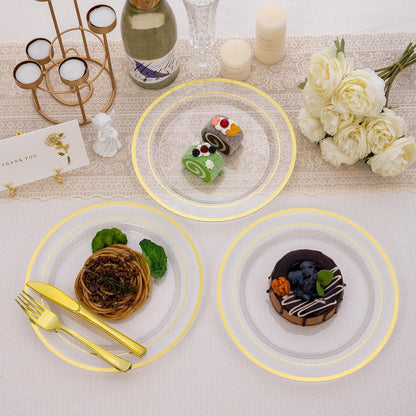 Goodluck 200PCS Gold Plastic Plates, Heavy Duty Disposable Gold Plates with 100 10.25 inch Dinner Plates and 100 7.5 inch Dessert Plates for Party, Holiday, Wedding, Thanksgiving