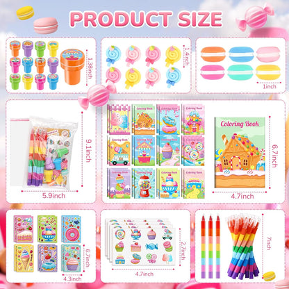 BenLouis 84Pcs Candyland Party Favors Ice Cream Donut Coloring Book Crayon Stickers Set Bulk for Kids Cupcake Lollipop Sweet Treats Birthday Gift Bag Desserts Pinata Filler Classroom Reward Crafts
