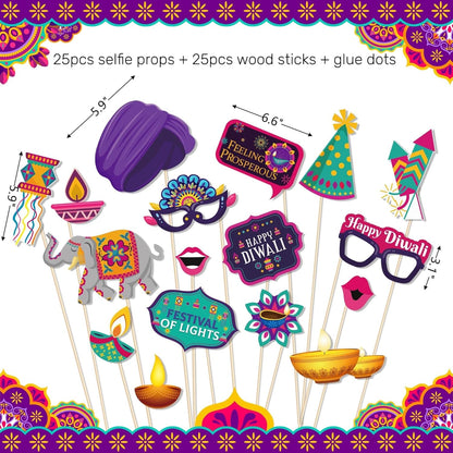 KYMY Happy Diwali Party Photo Booth Props Set, 1pc Deepavali Rangoli Selfie Frame with 20pcs Photo Booth Props, India Festival of Lights Party Favors for Hindu Diwali Themed Decorations Supplies