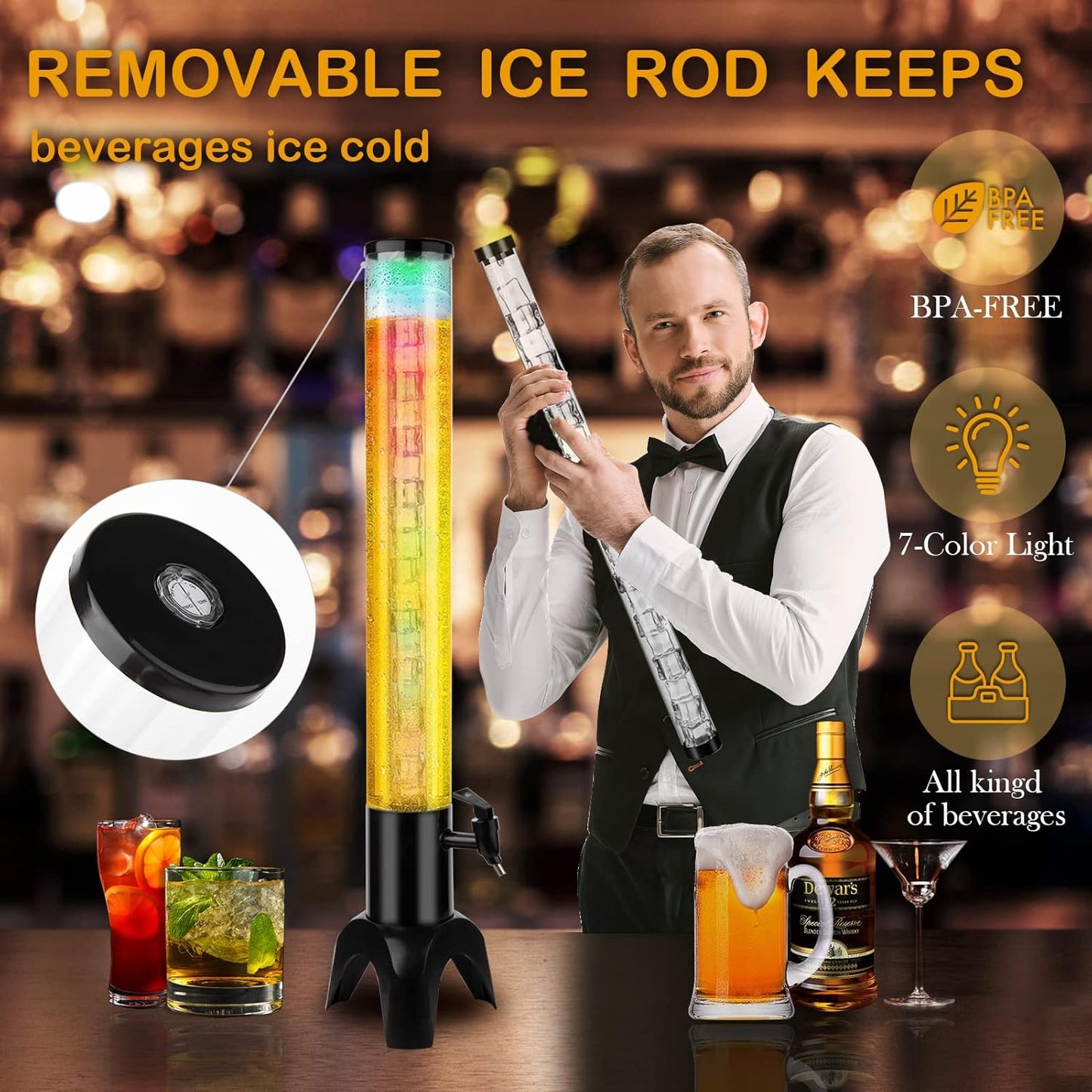2pcs Beer Giraffe Dispenser, 100oz/3.2 qt Mimosa Tower Dispenser with Ice Tube and LED Light, 3L Tabletop Drink Tower Dispensers for Beer, Margarita, Liquor, Beverage