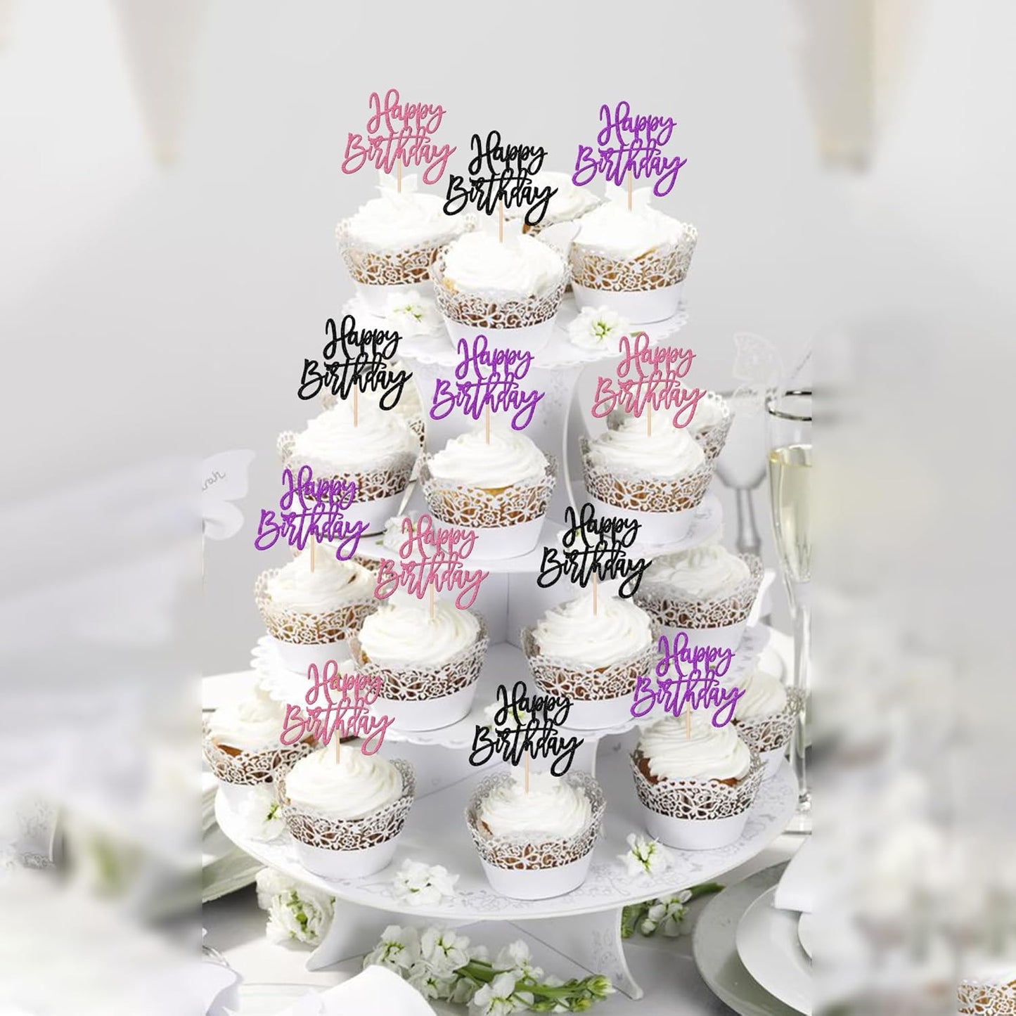 24 PCS Happy Birthday Cupcake Toppers Glitter Picks for Celebrating Anniversary Theme Party Cake Decorations Supplies Gold