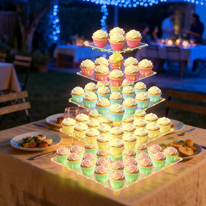 YestBuy Cupcake Stand with Yellow Led Lights, 4 Tier Cupcake Stand for 50 Cupcakes, Acrylic Cupcake Tower Stand, Clear Tiered Cupcake Holder for Birthday Cady Bar Décor Weddings, Parties Events