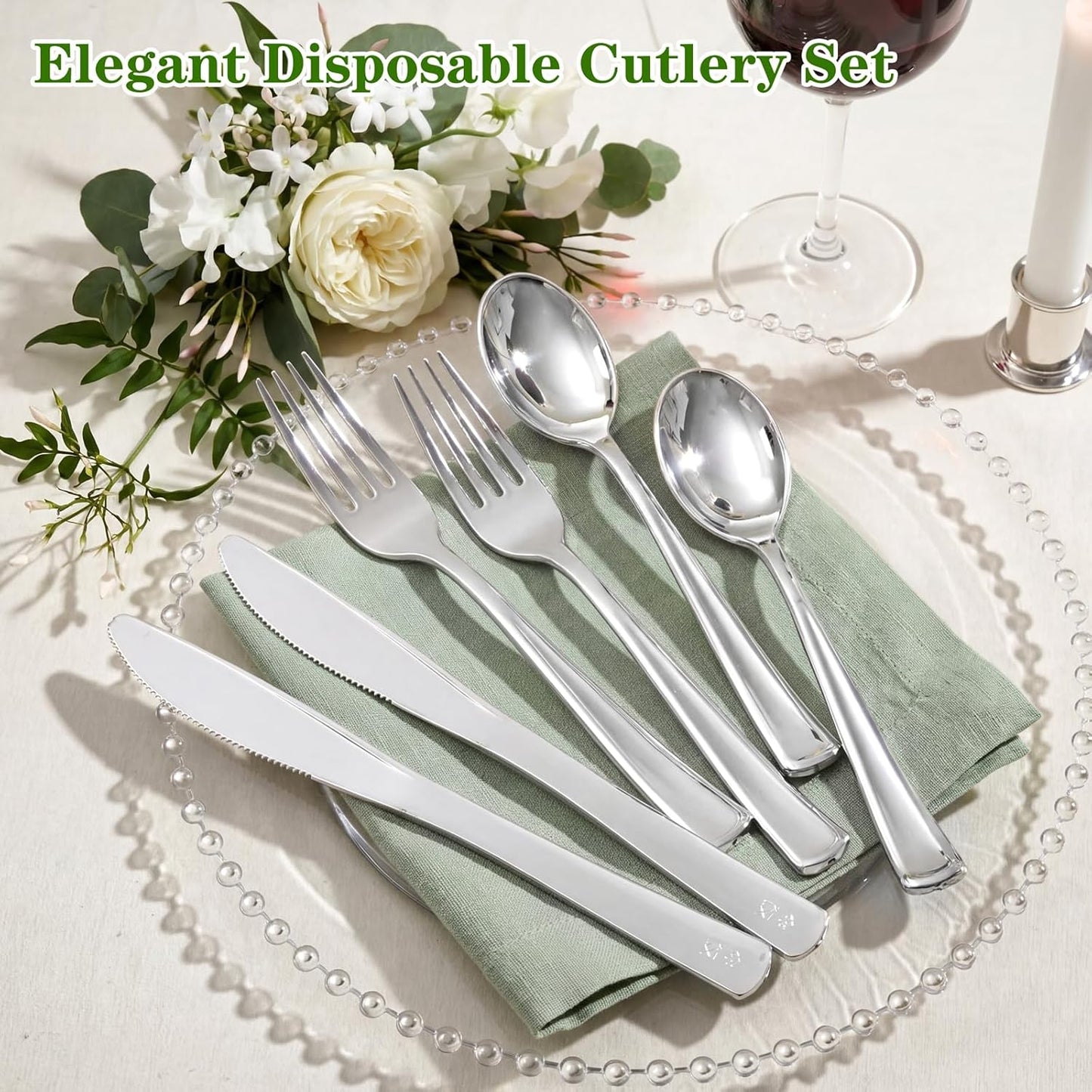 Supernal 360pcs Silver Plastic Cutlery,Elegant Plastic Silverware,Silver Hammed Silverware,Disposable Flatware,Include 120 Forks,120 Knvies,120 Spoons,Perfect for Birthday,Party,Wedding