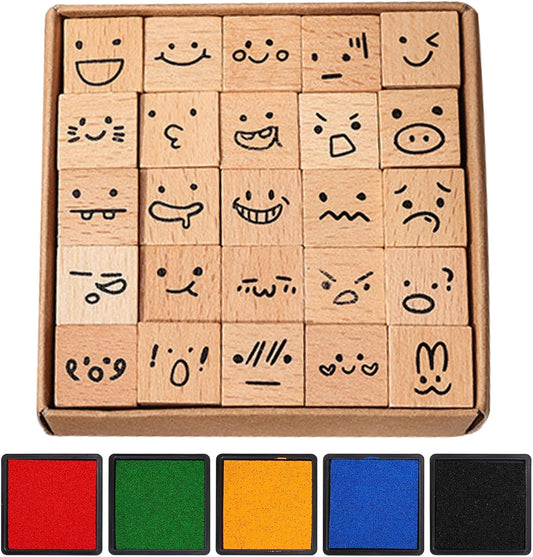 24 Pcs Expression Wooden Rubber Stamps with 5 Color Ink Pads DIY Craft Stamps for Party Decor Scrapbooking Card Making