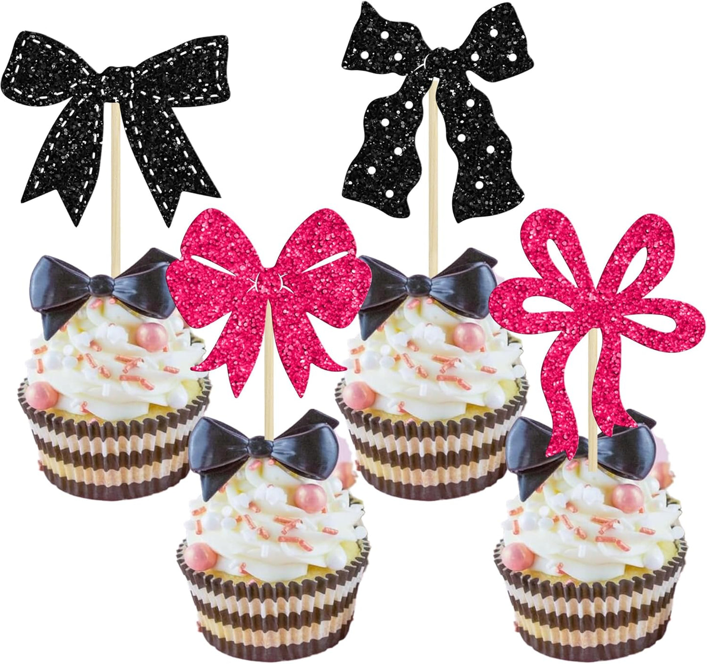 Ephlyn 24Pcs Pink Bow Cupcake Toppers Bow Birthday Cake Topper Girls Birthday Party Decorations Bowknot Cupcake Decorations for Bridal Wedding Themed Party Multi