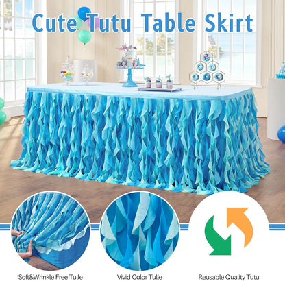 leegleri 6FT Tulle Ruffle Curly Willow Table Skirt for Rectangle or Round Tables, Under The Sea Ocean Blue Baby Shark Themed Tutu Table Skirt for Baby Shower, Birthday Party