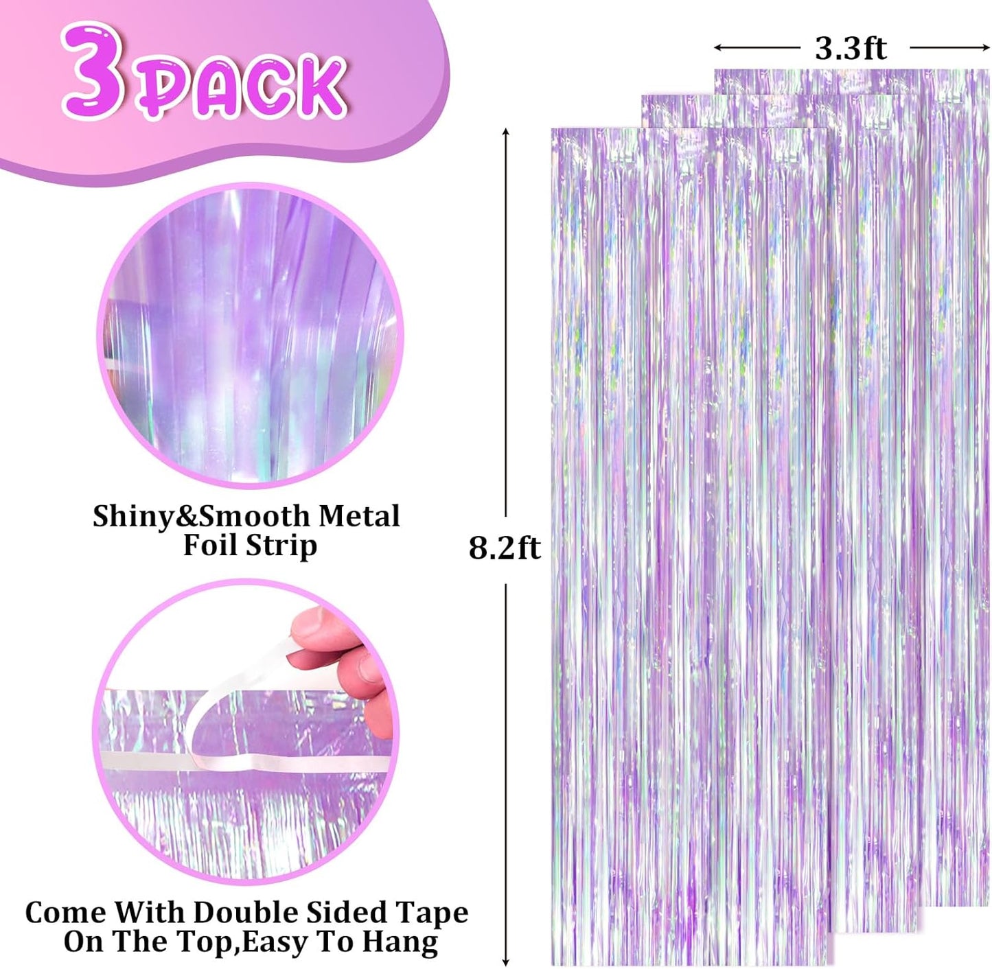 Voircoloria 3 Pack 3.3x8.2 Feet Gold Foil Fringe Backdrop Curtains, Tinsel Streamers, Fringe Backdrop for 2025 New Years Eve, Graduation, Birthday, Baby Shower, Gender Reveal, Disco Party - Colors A