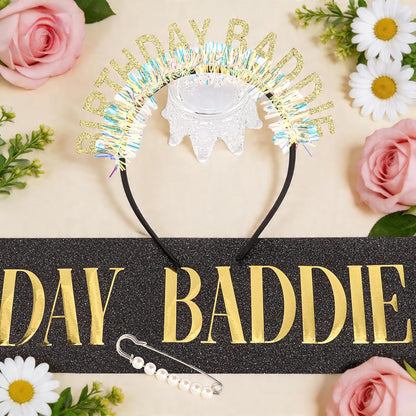 Chanaco Birthday Sash and Headband For Women Birthday Girl Sash Party Decorations Gold and Black Crown Outfit Baddie Accessories Trendy Gifts Dress