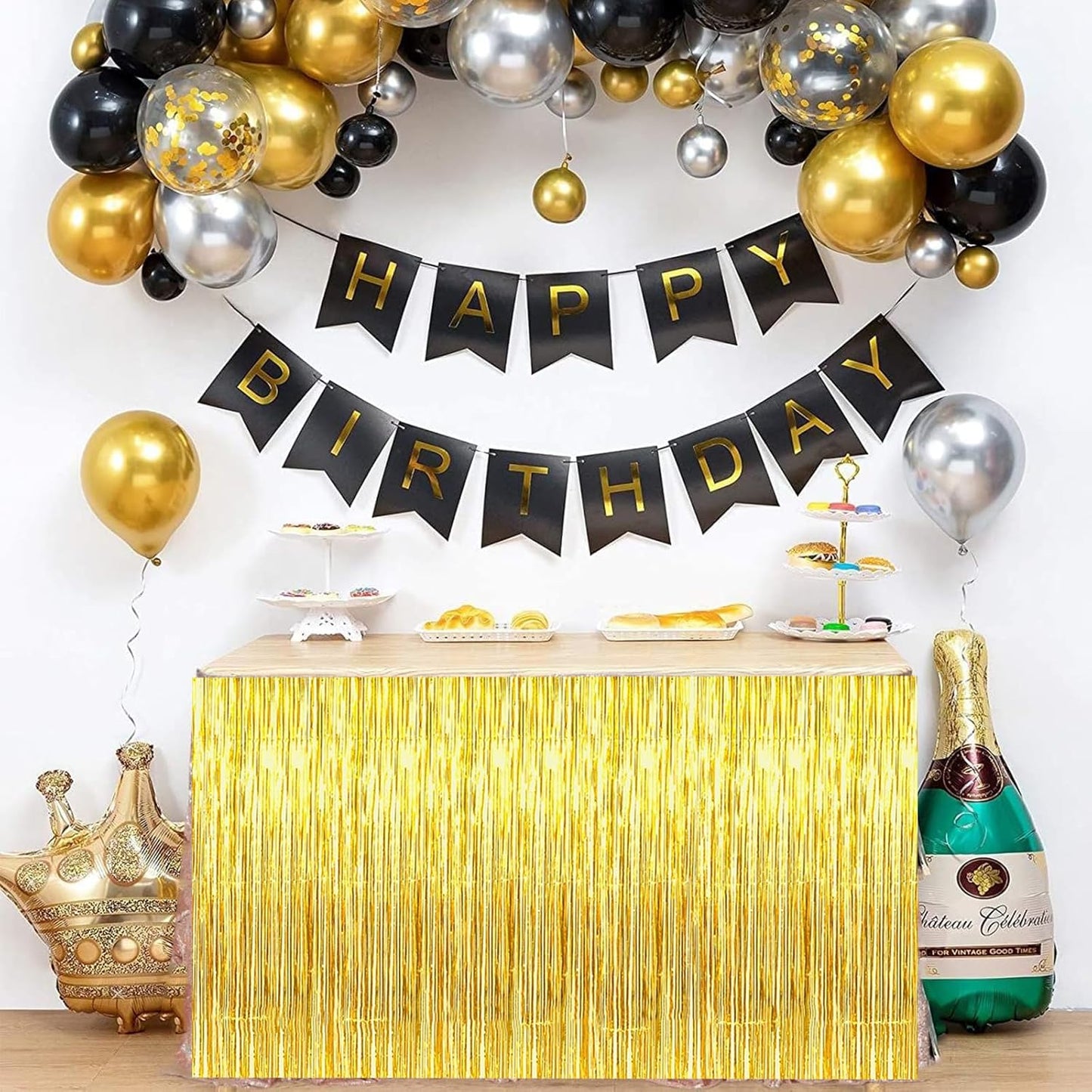 BEISHIDA 2 Pack Metallic Tinsel Foil Fringe Table Skirts for Rectangle & Round Tables Hot Pink Kids' Birthday, Holiday Cartoon Party Decorations for Birthday Valentines Baby Shower Festive Events