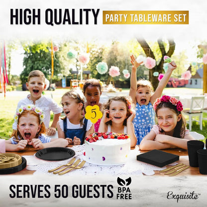 350 Pcs Black Plastic Plates For Party, Black Disposable Plates Set, 50 Of Each 9" Dinner Plate Set, 7" Dessert Plate, Cups, Napkins & Cutlery Plastic Dinnerware Set Exquisite