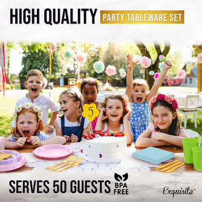350 Pcs Black Plastic Plates For Party, Black Disposable Plates Set, 50 Of Each 9" Dinner Plate Set, 7" Dessert Plate, Cups, Napkins & Cutlery Plastic Dinnerware Set Exquisite
