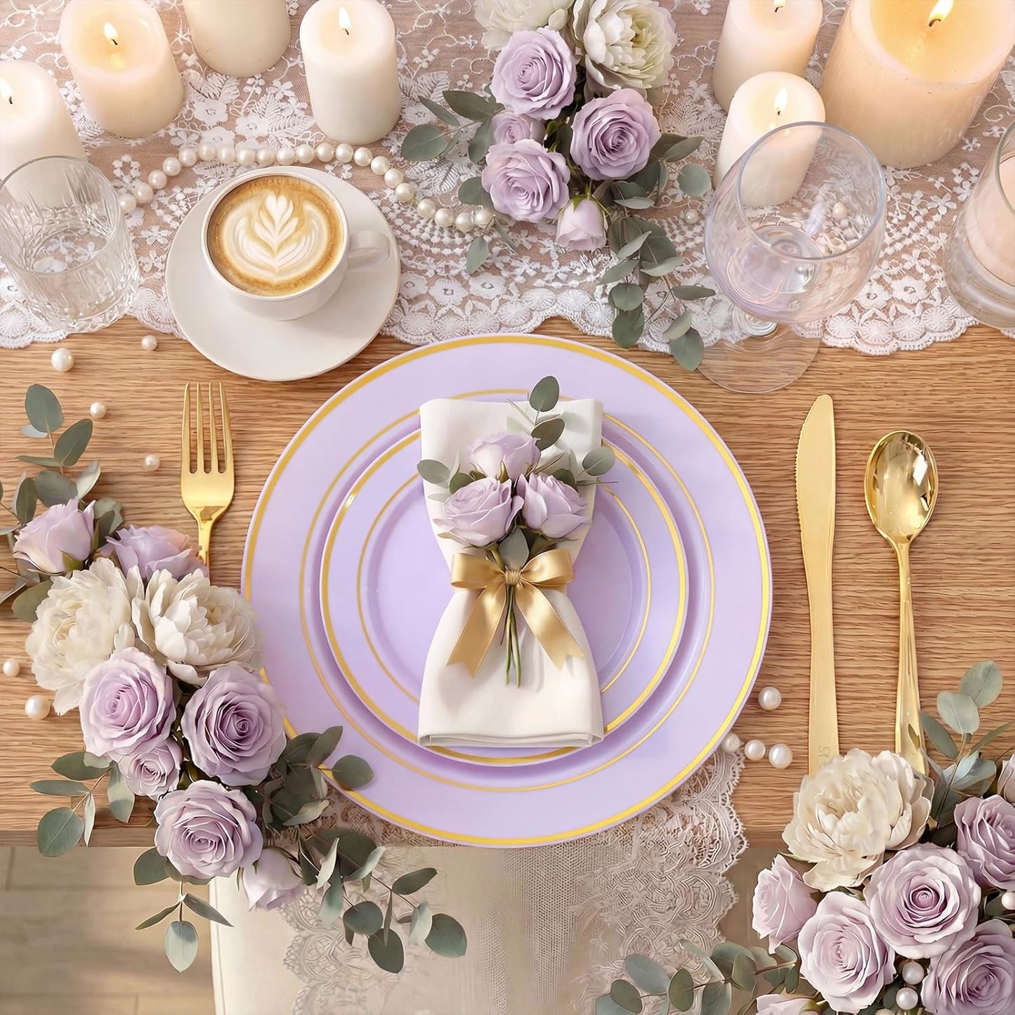 350 Pieces Black and Gold Plastic Plates with Disposable Silverware, Include 50 Dinner Plates 9”, 50 Dessert Plates 6.3”, 50 Black Cups 9 OZ, 50 Pre Rolled Napkins for Wedding Party Graduation