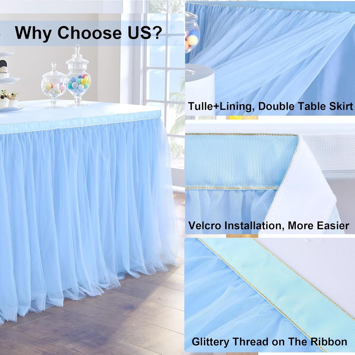 72inch Champagne Gold Tulle Table Skirts for Rectangle Round Tables, Gold Grim Ruffle Tulle Tutu Cloth Table Skirt 6ft for Wedding Birthday Party Cake Dessert Decor(No Top Cover)