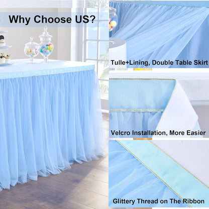 72inch Champagne Gold Tulle Table Skirts for Rectangle Round Tables, Gold Grim Ruffle Tulle Tutu Cloth Table Skirt 6ft for Wedding Birthday Party Cake Dessert Decor(No Top Cover)