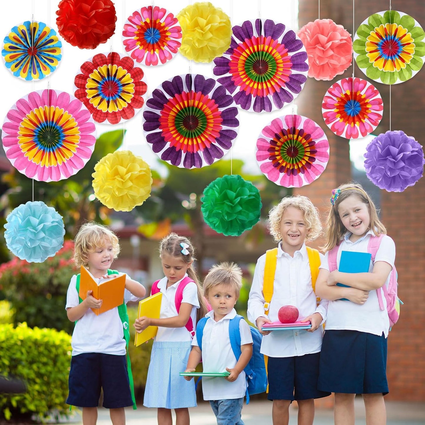 Outus 21 Pcs Spring Flower Hanging Paper Fans Flower Paper Fans Classroom Decorations Springtime Summer Tissue Pom Poms for Ceiling Wedding Birthday Party Supply Classroom Decor(Spring Flower)