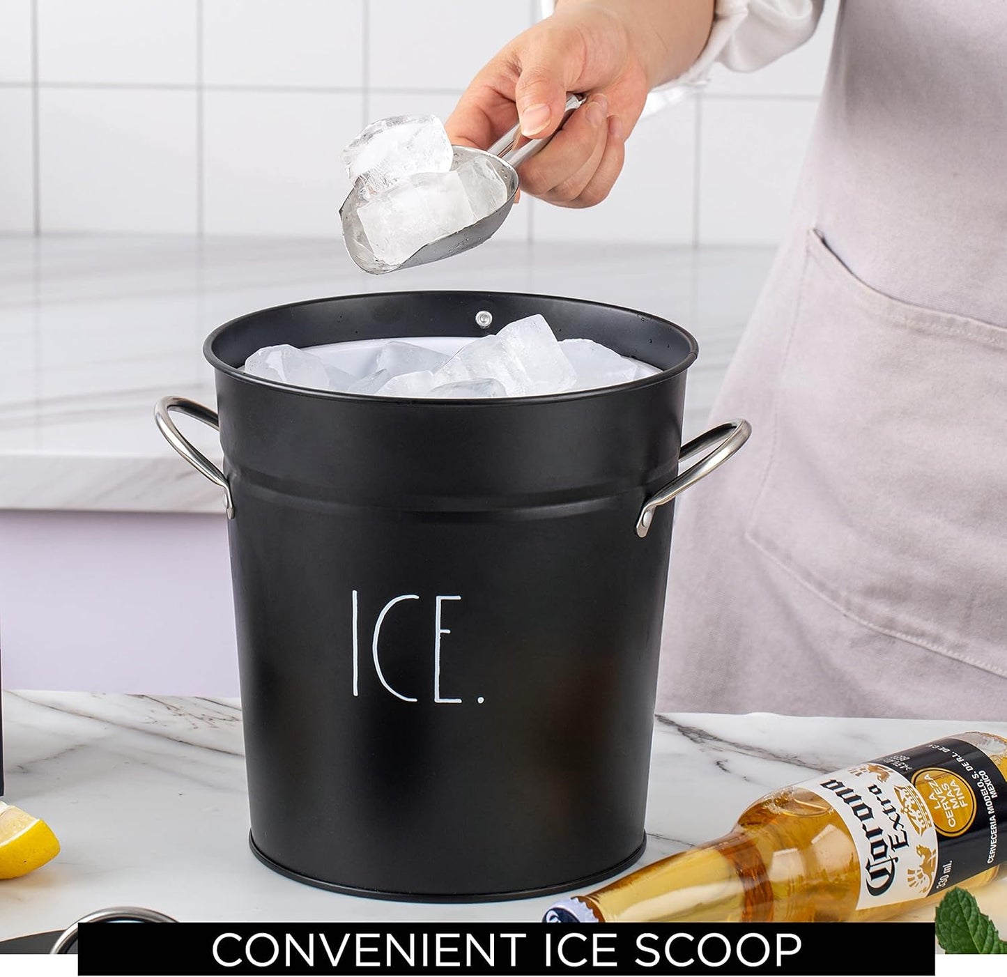 Rae Dunn Ice Bucket with Scoop - Stainless Steel Bucket with Handle, Lid and Ice Scooper - 4 Qt. Storage Bin for Ice Cubes for Bars, Parties, Backyard Barbeques, Picnics, and Camping (Sage)