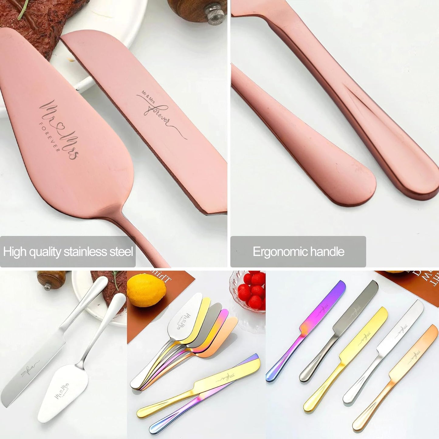 4 Pieces Wedding Cake Knife and Server Set, Stainless Steel Mr and Mrs Cake Cutter and Forks for Wedding, Birthday, Bridal Shower Gifts for Couples (Rose Gold)