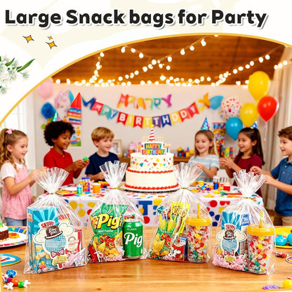 PigPotParty Cellophane Treat Bags 6x9 Inch, 50 Pack Clear Goodie Bags with Bottom Gusset for Stand-Up Display, Small Plastic Gift Wrap for Cookies, Candy, Party Favors, Popcorn, Includes 50 Gold Ties