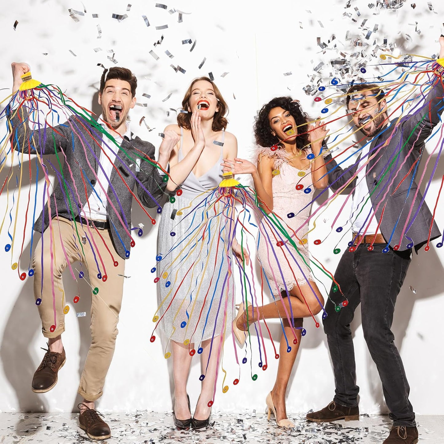 12 pcs Confetti Popper Hand Throw Streamers, No Mess Colorful Streamer Poppers, for Baby Shower, Party Celebrations, Wedding, Birthday (White)