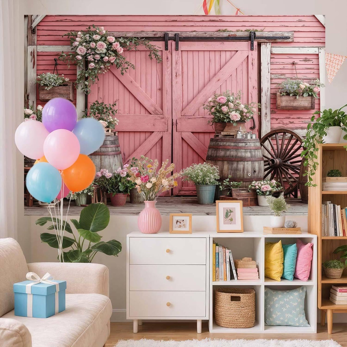 10x8ft Country Wedding Photography Backdrop Rustic Barn Door Photography Backdrop Farmhouse Pink Flower Cabin Wooden Birthday Baby Shower Wedding Bridal Party Banner Photo Booth Props Background