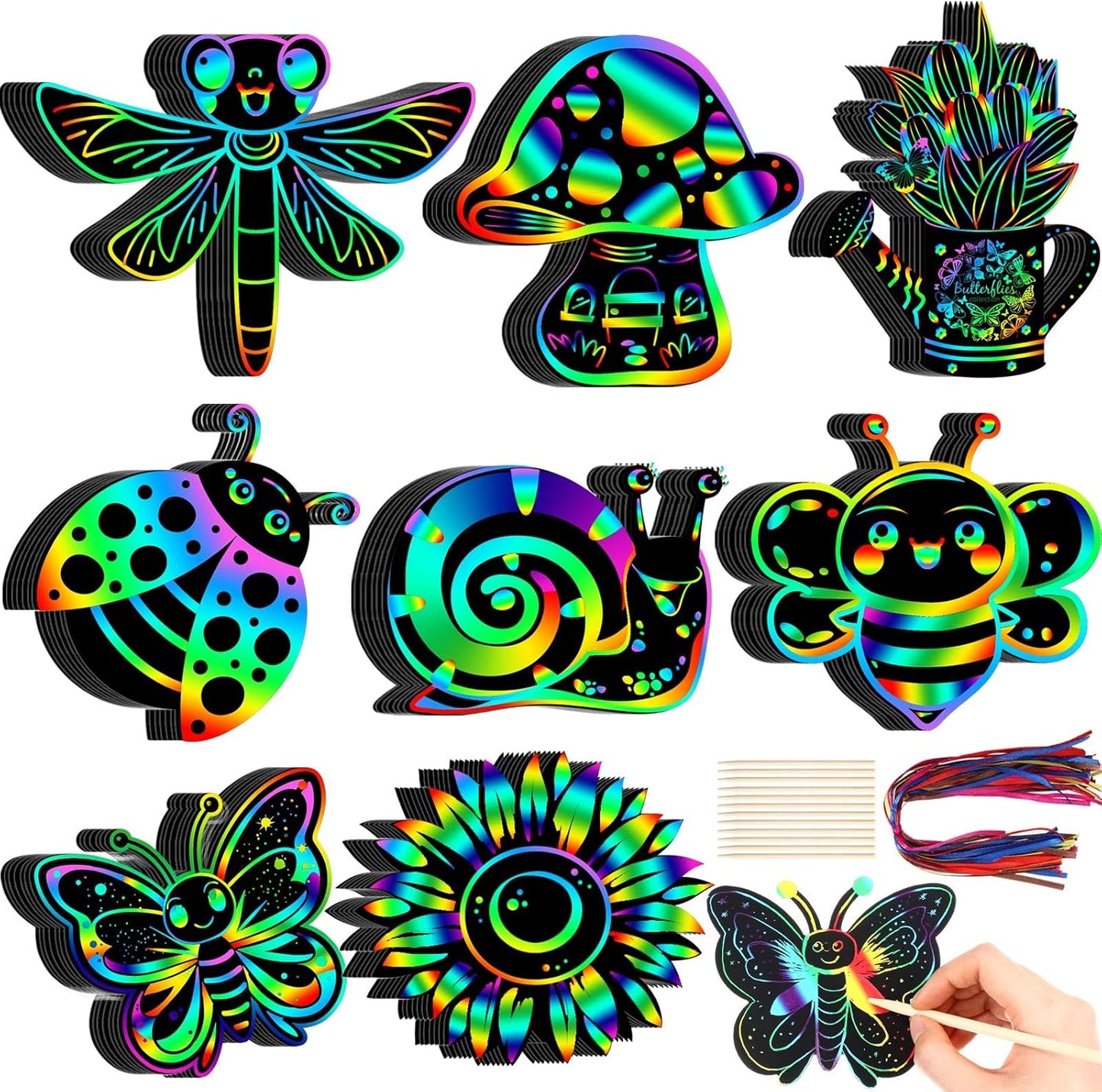 HyDren 80 Pcs Spring Scratch Cards Rainbow Flower Butterfly Scratch Paper Tea Party Theme Flower Crafts with Bamboo Stylus and Ribbon for Adult Home DIY Craft(Classic Style)