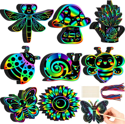 HyDren 80 Pcs Spring Scratch Cards Rainbow Flower Butterfly Scratch Paper Tea Party Theme Flower Crafts with Bamboo Stylus and Ribbon for Adult Home DIY Craft(Classic Style)