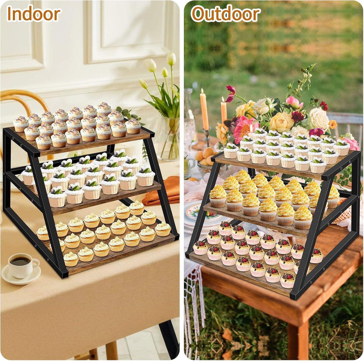 Cupcake Stand, 3 Tier Large Cupcake Stand Rustic Stepped Cupcake Display Stand Square Wood Dessert Table Display Set Cupcake Tower Tiered Tray Stand for Wedding Birthday Graduation