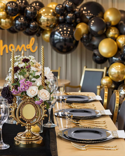Nervure 350PCS Gold Plastic Plates - Gold Plastic Dinnerware Sets for 50 Guests - 100 Disposable Plates, 150 Silverware, 50 Cups, 50 Napkins for Wedding & Party & Mothers Day
